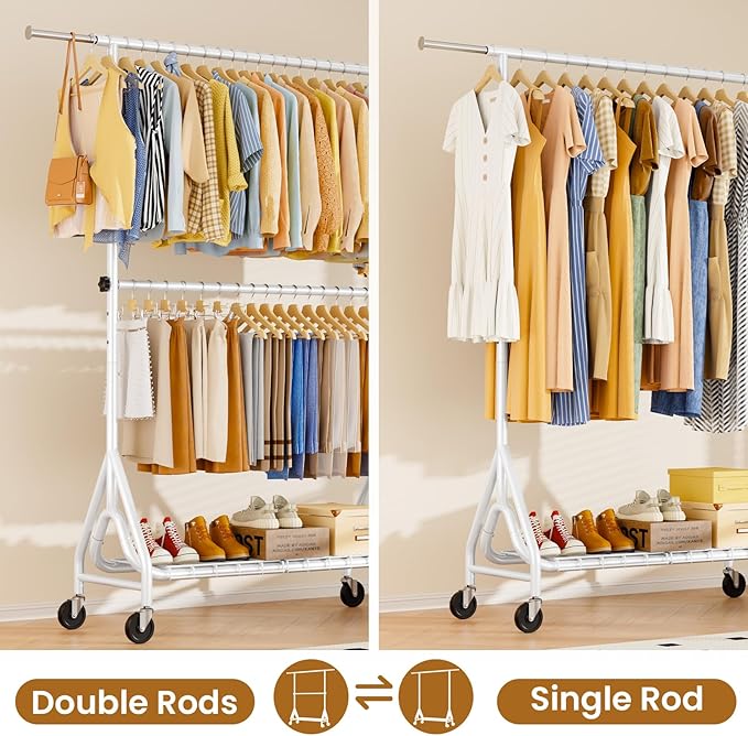 Heavy Duty Clothes Rack for Hanging Clothes, Double Rods Clothing Rack with Lockable Wheels, Rolling Metal Garment Racks Heavy Duty, Portable Wardrobe Closet Racks, White