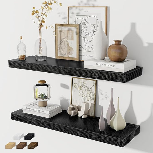 Fun Memories Black Floating Shelves for Wall, 32W x 8D Floating Wall Shelves with Invisible Brackets Set of 2, Hanging Rustic Wood Shelf Decoration for Bedroom, Bathroom, Living Room and Kitchen