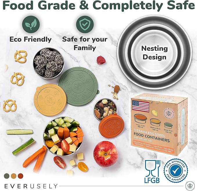 Everusely - Stainless Steel Food Containers - 3 Pack, Muted - Metal Lunch Box - Nesting Snack Containers for Office, Home Food Storage - Leakproof Silicone Lids - Dishwasher and Freezer Safe