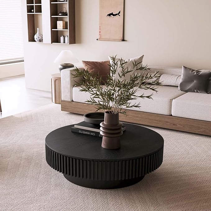 39'' Large Round Coffee Table with Storage, Fluted Coffee Table with Solid Wood Veneered, Mid Century Modern Wooden Center Table, Accent Tea Table for Living Room Apartment, Black