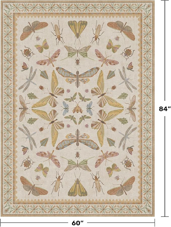 Beige and Yellow 5x7 Boho Rug for Living Room - Foyer Rugs for Entryway, Bedroom, Nursery Room, Insect Butterfly Bug Print, Washable Stain Resistant Home Décor