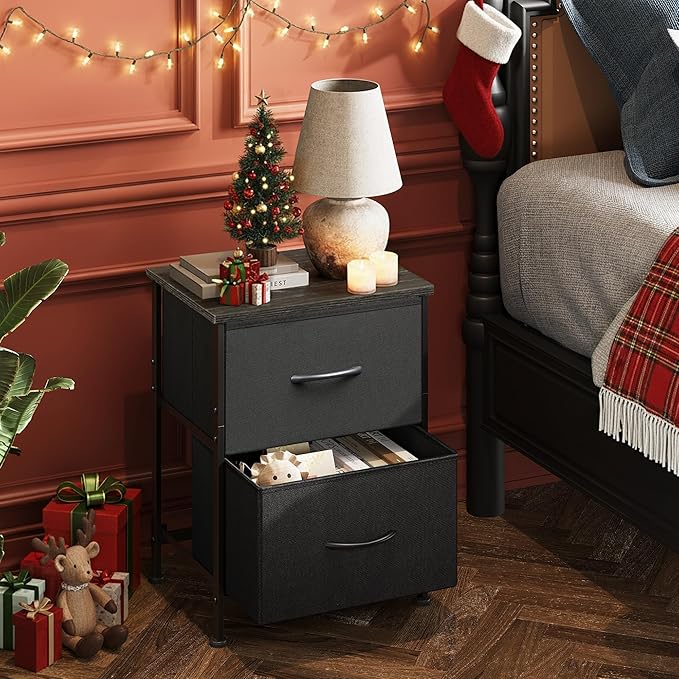 WLIVE Black Night Stand, Small Dresser with 2 Drawers & Wooden Top, Nightstand with Fabric Bins, Bedside Table End Table for Bedroom, Closet, Entryway, College Dorm, Charcoal Black
