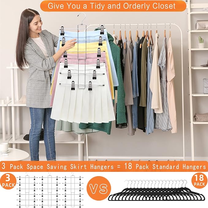 3 Pack Pants-Hangers-Space-Saving,6 Tier-Closet-Organizers-and-Storage Skirt Hangers with Clips,Closet-Organizer-Clothes-Organization-and-Storage Jeans Scarf Hangers,College-Dorm-Room-Essentials Decor