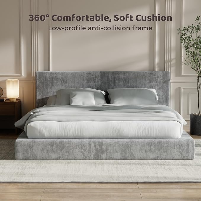 RECCI Cloud Upholstered King Bed Frame with Headboard, 5 Inch Foam Padded Platform, No Box Spring, Easy Assembly (Moon)