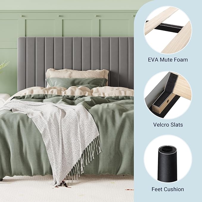 Allewie Twin Bed Frame, Velvet Upholstered Platform Bed with Adjustable Vertical Channel Tufted Headboard, Mattress Foundation with Strong Wooden Slats, Box Spring Optional, Easy Assembly, Grey