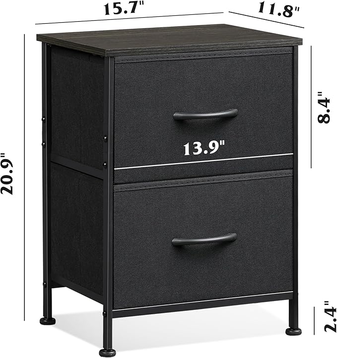 WLIVE Black Night Stand, Small Dresser with 2 Drawers & Wooden Top, Nightstand with Fabric Bins, Bedside Table End Table for Bedroom, Closet, Entryway, College Dorm, Charcoal Black