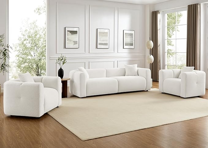 VANOMi Living Room Furniture Sets Include 95" Sofa & 42" Armchairs, Boucle Upholstered Oversized Couch with Pillows, Living Room Furniture Set for Bedroom Apartment (White, 1 Sofa+2 Chairs)
