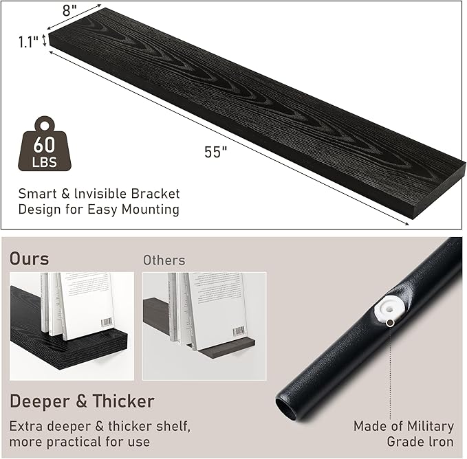 Fun Memories 55 Inch Long Floating Shelves for Wall, 8" Deep Floating Shelves for Bathroom Living Room Bedroom, Black Rustic Wall Mounted Shelf with Invisible Heavy-Duty Bracket, 2 Pack