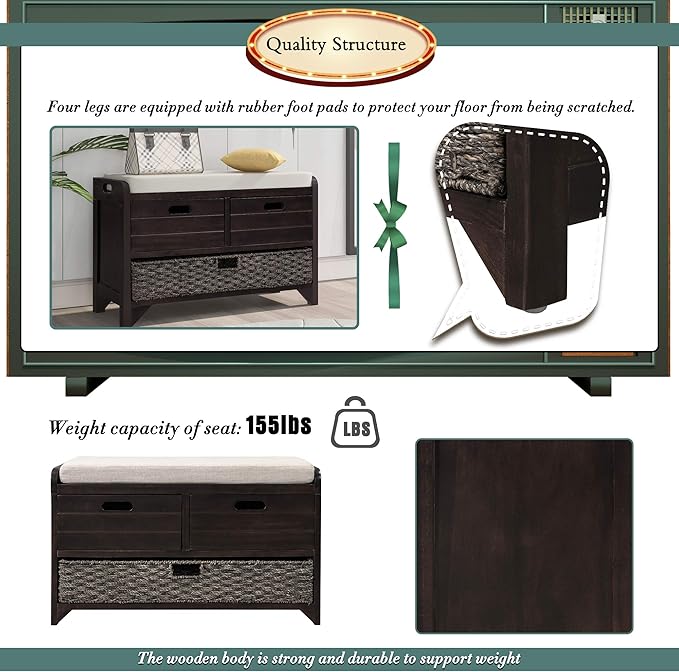 Fully Assembled Storage Bench with Cushioned Seat, 2 Drawers & Removable Basket, Solid Wood Entryway Shoe Bench for Bedroom, Hallway, Living Room (Espresso)