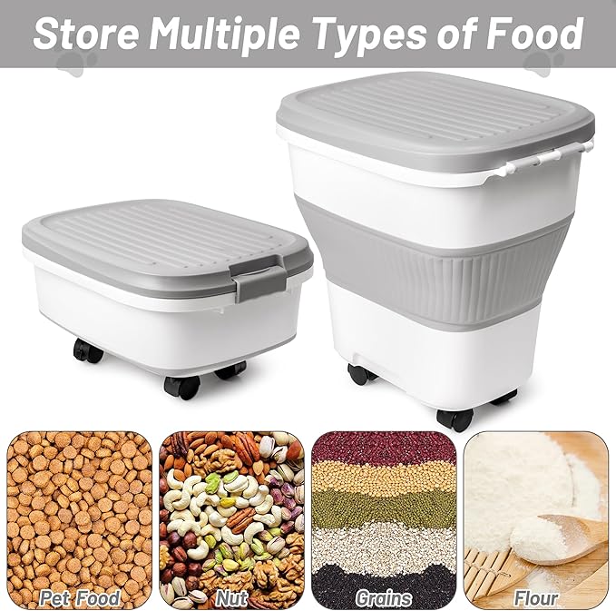 MALLMALL6 Dog Food Storage Container - Collapsible Pet Food Container with Spinner Wheels Scoop and Deodorant Box, Airtight Multifunctional 30L Storage Bin for Dog Cat Bird Animal Dry Meal Rice Flour
