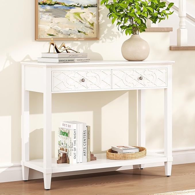 40" Console Table with Drawers, Vintage Entryway Table with Shelf, Charming Carved Motifs, Solid Pine Wood Legs, Accent Sofa Table for Living Room, Painted, Drawers Pre-Assembled, Distressed White
