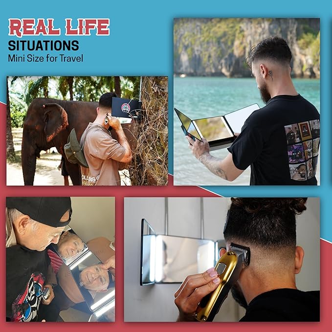 The 360 Mirror - 3 Way Mirror for Self Hair Cutting - Adjutable Trifold Barber Mirro to Cut Your Own Hair - Tri Fold Self Haircut System - Three Sided Mirro for Haircuts (Black - Mini LED version)
