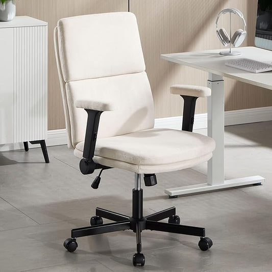 Office Chair Adjustable Desk Chair Mid Back Comfortable Linen Ergonomic Back Support Home Computer Chair with Padded 2D Flip-up Armrest Swivel Wheels (Beige)