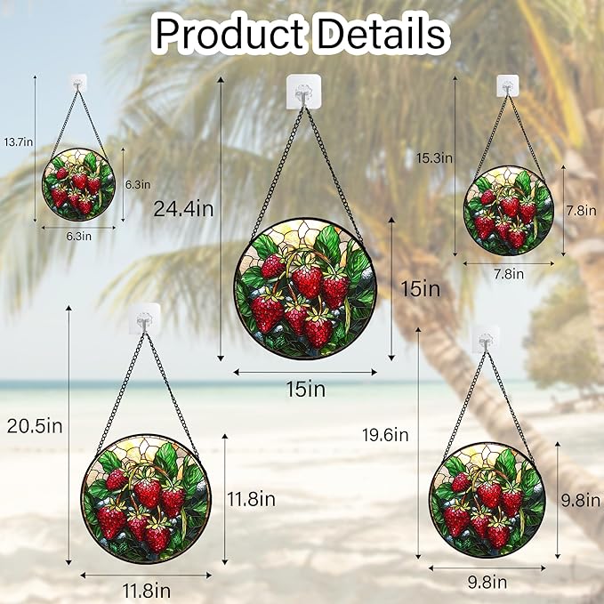 Stained Glass Suncatcher, Red Strawberry Green Leaf Sun Catcher Silver Background Stain Glass Window Hanging Decoration Mother's Day Birthday Gifts for Women Men Mom Nana 15 in