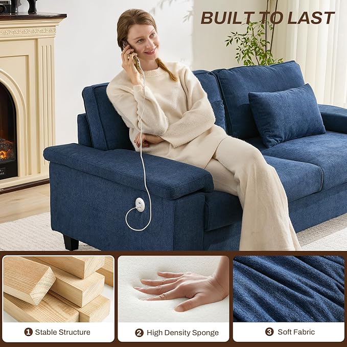 3 Seater Couch for Living Room, 79'' Comfy Deep Seat Sofa with Adjustable Armrests & USB/Type-C Charging Ports, Mid Century Modern Couch for Bedroom, Home Office, Blue