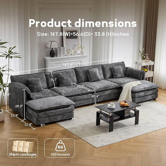 147.8" U Shaped Modular Sectional Sofa, Comfy Cloud Couch with Movable Ottoman, Deep Seat Modular Sofa, Sectional Couches for Living Room, Bedroom, Apartment (Grey)