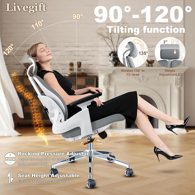 Ergonomic Office Chair Desk Chair Dual-backrest Computer Chair with Flexible Lumbar Support and Adjustable Height, 500lbs Extra Wide Seat with Wheels, for Home & Office Use Grey
