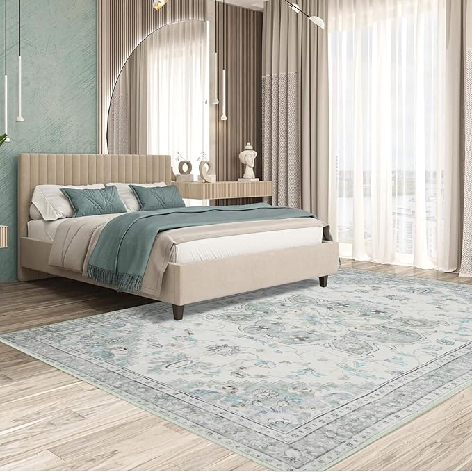 8x10 Soft Washable Area Rugs for Living Room and Bedroom, Non-Slip Stain Resistant Indoor Carpet, Cozy Floor Mat for Dining Room, Office, Under TableStain Resistant Green Floral