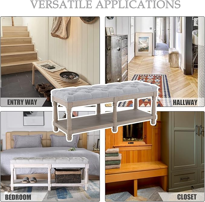 Kmax Storage Entryway Bench Tufted Shoe Rack Bench Wood Window Bench for Hallway Entrance Bedroom Corner, Gray