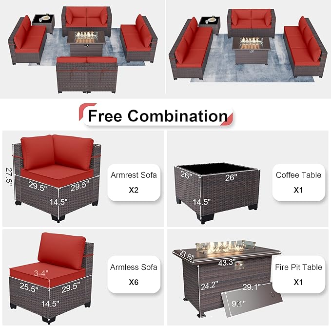 Kurapika 10 Pieces Patio Furniture Set, Rattan Wicker Outdoor Conversation Sets w/43in Propane Fire Pit Table and 4 Inch Cushion(Red)
