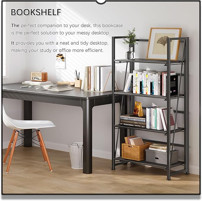 4NM No Assembly Folding Bookshelf Storage Shelves 4 Tiers Vintage Bookcase Standing Racks Study Organizer Home Office (All Black)
