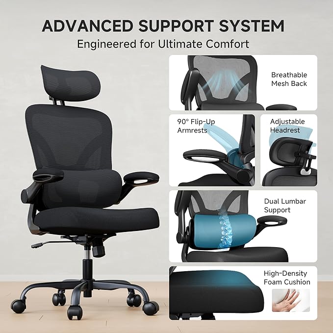 Ergonomic Office Chair with Adjustable Lumbar Support & Headrest, High Back Mesh Chair with Flip-up Armrests for Long Hours, 330 lbs Home Office Desk Chair, Black