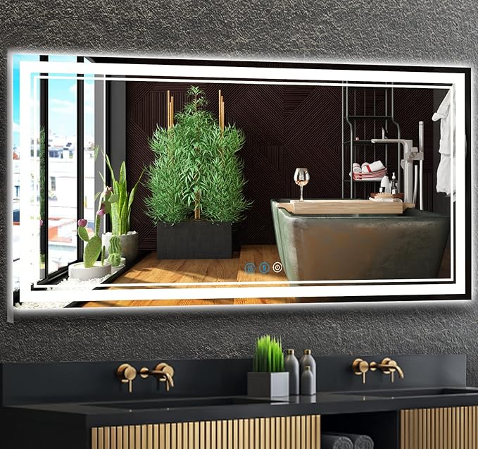 60 x 30 Inch Bathroom Lighted Vanity Mirror with Lights Large 60 Inch LED Mirror for Bathroom 3 Color Double Lights Dimmable Antifog Horizontal Vertical 60" Smart Light up Wall Mirrors