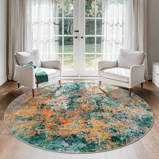 6ft Round Area Rug for Living Room- 6x6 Washable Neutral Abstract Rug for Bedroom Modern Soft Dining Room Rug No Slip Low Pile Carpet for Nursery Home Office Decor - Teal/Orange