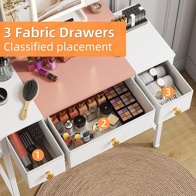 Small Makeup Vanity Desk 27.5''W with Mirror and Lights, Vanity Desk with 3 Fabric Drawers and Height-Adjustable Stand, Vanity Table for Girls Gifts, Bedroom and Small Spaces, White&Pink