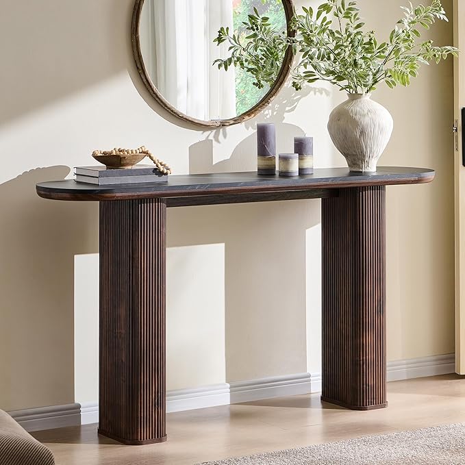 OKD 63 Inch Modern Console Table with Arc Marble Texture Top, Fluted Wood Base, Contemporary Entryway Sofa Table for Living Room, Hallway, Foyer, Dark Walnut