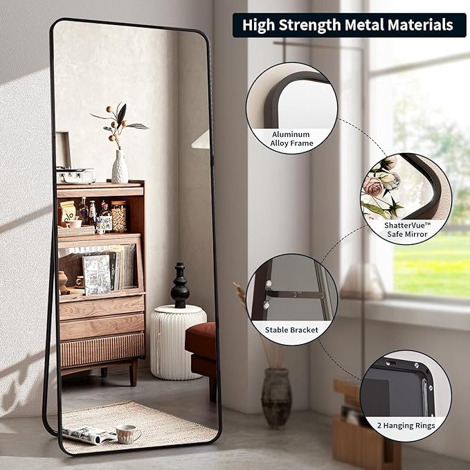 64"x21" Full Length Mirror, Full Body Rounded Corner Rectangle Mirrors with Stand, Standing or Leaning Metal Framed Floor Mirror, Wall Mounted Mirrors Hang Horizontally or Vertically, Black