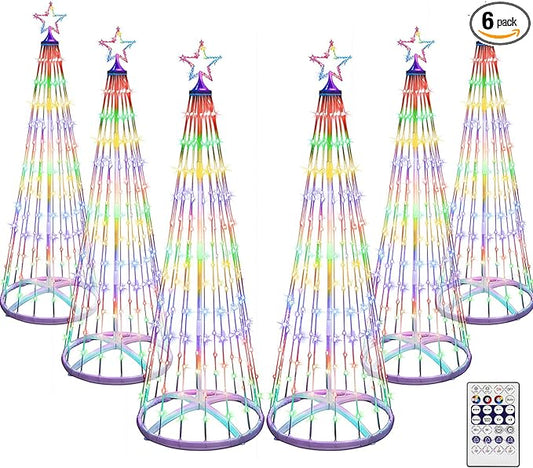 6 Pack 4ft Christmas LED Cone Tree Lights 24 Modes Color Changing with Timer Foldable Lighted Trees Waterproof Outdoor String Lights Holiday Decor for Christmas New Year Xmas Decorations