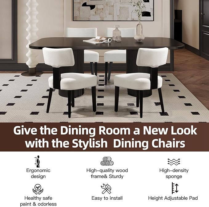 Dining Chairs Set of 4, Fabric Upholstered Wood Kitchen Chairs, Armless Linen Curved Backrest Accent Chair Farmhouse Modern Dining Chairs with Foot Pad for Kitchen/Living Room/Restaurant/Cafe-Beige