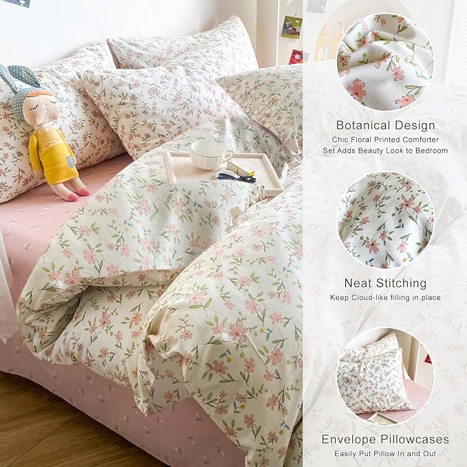 EAVD Garden Style Pink Floral Comforter Set Queen White Soft Microfiber Chic Floral Leaves Pattern Bedding Set with 2 Pillowcases Vintage Botanical Comforter Set for All-Season
