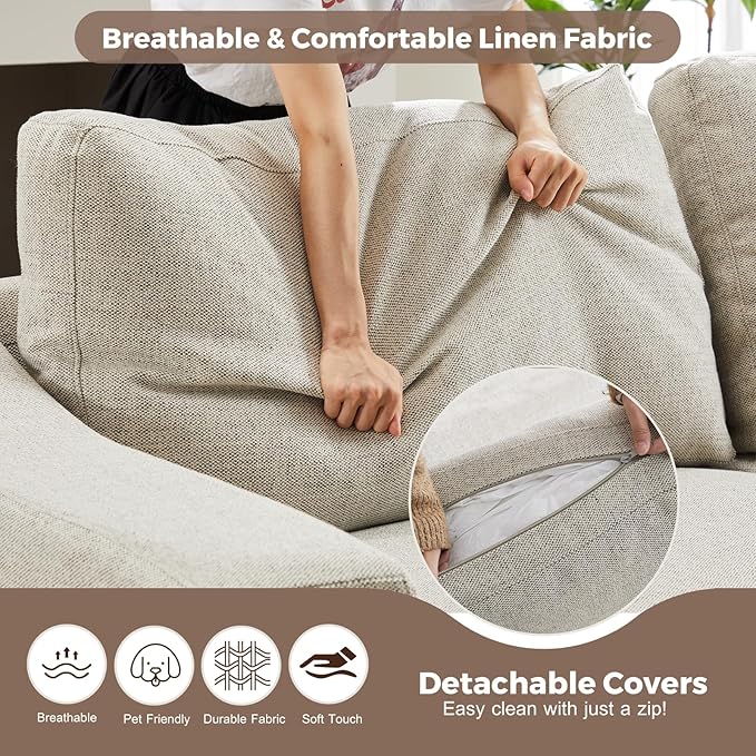 ABCASA 112" L Shaped Sectional Sofa with Detachable Sofa Cover, Reversible Sectional Modular Couch for Living Room, Linen Fabric Corner Couch with 7 Seats, Oatmeal