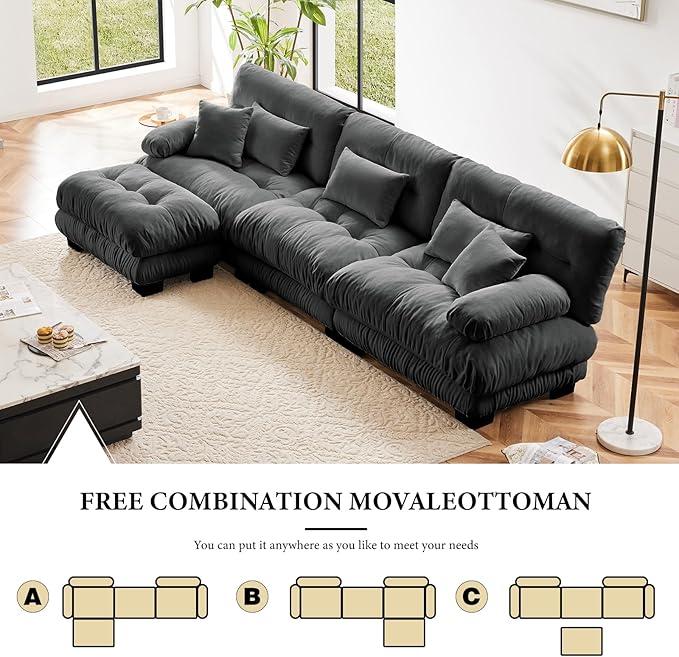 133.8" Oversized Couch, 3 Seater Modular Sectional Sofa, Grey Large L Shaped Fluffy Couch Set, Chenille Cloud Sofas with Ottoman for Living Room
