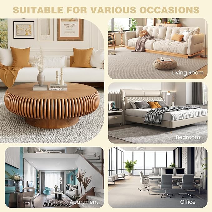 Fluted Round Coffee Table for Living Room 39.37" Modern Drum Coffee Table Mid Century Handcrafted Circle Wood Center Tables with Pedestal for Small Space Apartment (Brown)