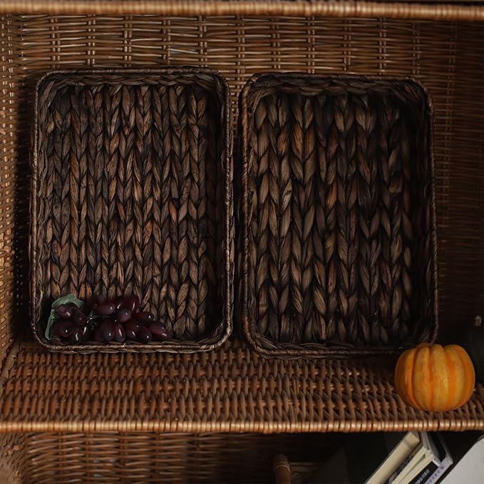Water Hyacinth Woven Serving Tray Rectangular Hand-Woven Wicker Storage Trays for Coffee/Breakfast/Dessert/Fruit/Bread (Brown-Large)