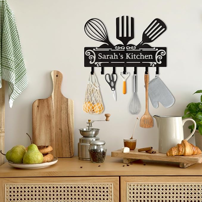 Personalized Metal Key Holder Wall Mount, Custom Kitchen Theme Key Hanger Organizer, Kitchen Hooks for Utensils, Home Decor for Dining Room Restaurant Entryway Office, Housewarming Gifts Color08