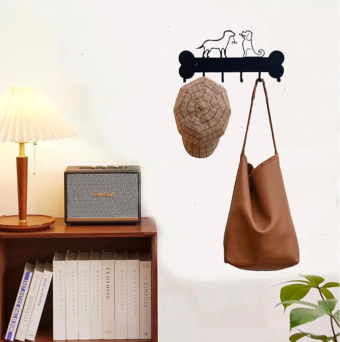 Dog Leash Holder Wall Mount, Dog Supply Organizer with 6 Hooks, Metal Key Hooks for Wall， Wall Storage for Hanging Leash, Vest, Harness, Keys