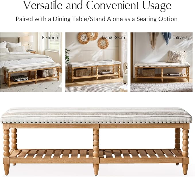 HULALA HOME Farmhouse Entryway Bench, 58" Fabric Bed Bench with Shelf, Solid Spindle Legs, Nailhead Trim Detail for Bedroom, Living Room, Hallway, TAN
