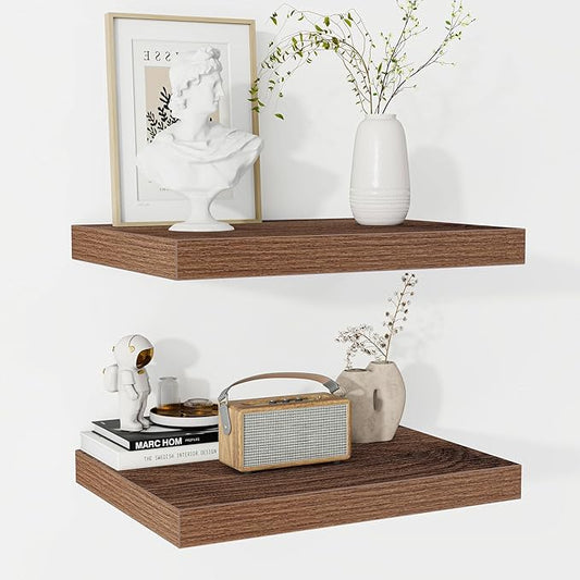 Fun Memories Floating Shelves - 2 Pack 12 Inch Rustic Wooden Wall Shelves - Extra Deeper & Thicker Wall Mounted Storage Shelf for Living Room, Kitchen, Farmhouse - 16" W x 12" D x 1.5" H - Walnut