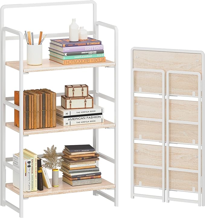 4NM No Assembly Folding Bookshelf, 3-Shelf 42.1" H Collapsible Foldable Bookcase Storage for Small Spaces, Natural White