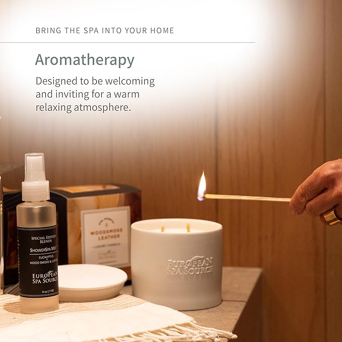 European Spa Source Woodsmoke + Leather Luxury Candle for Aromatherapy, Soy Wax Candle, Hand Poured, at Home Spa Experience Promoting Relaxation, 45 Hours of Burn Time