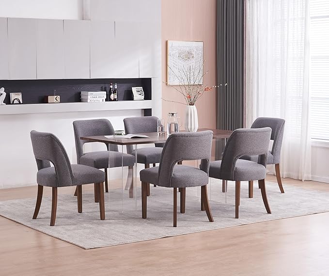 VKNOW Wooden Dining Chairs Set of 6, Modern Fabric Upholstered Dining Room Chair Kitchen Chairs, Farmhouse Dinner Chair for Kitchen Dining Room, Fabric Grey