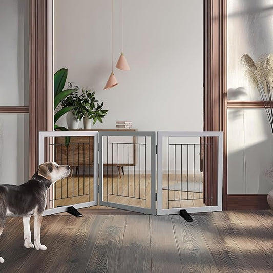 ZJSF Freestanding Dog Gate Indoor, Foldable Dog Fence for Doorways,Hallways or Stairs, Sturdy Wood Extra Wide Pet Gate with Support Feet,Grey,24 "Height-3 Panels