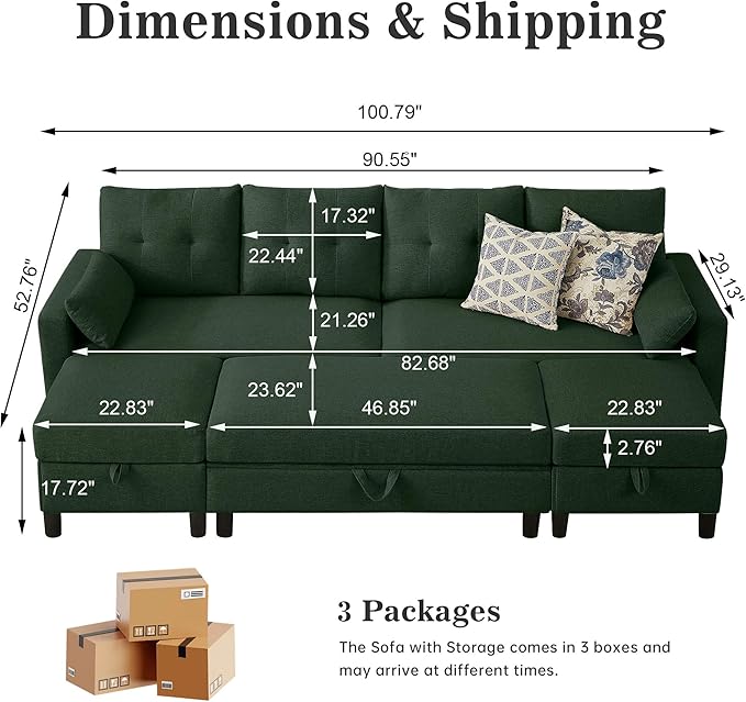 101" Convertible Sectional Sofa with Ottoman Coffee Table, Modern Linen Fabric U-Shaped Couch with Storage Pocket, 4 Seat Sofa Couches for Living Room, Apartment, Office, Green