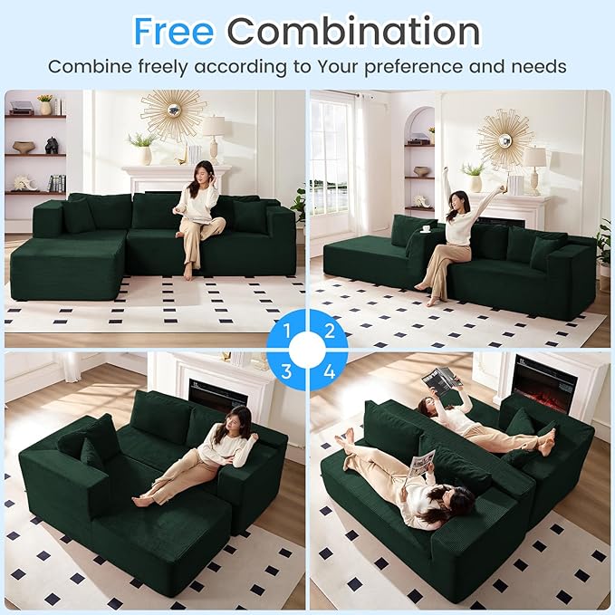 PUREMIND 106" Cloud Sectional Couch for Living Room, Corduroy L Shape Sofa with Deep Seat, Modern Green Couches Modular Boneless Foam Couch Corner Couches, No Assembly Required