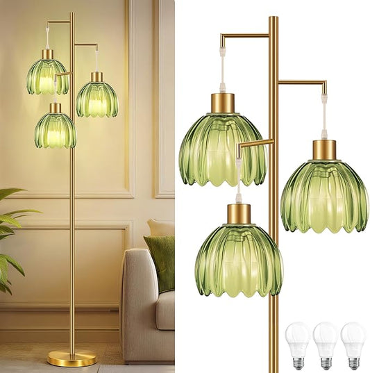 COTTHOS Gold Floor Lamp for Living Room, Modern Standing Lamp Brass Glass Green Tree 3 Light Tall Floor Lamps for Bedroom & 800 Lumens LED Bulbs, Vintage Flower Lamp Shade Farmhouse Boho Bohemian