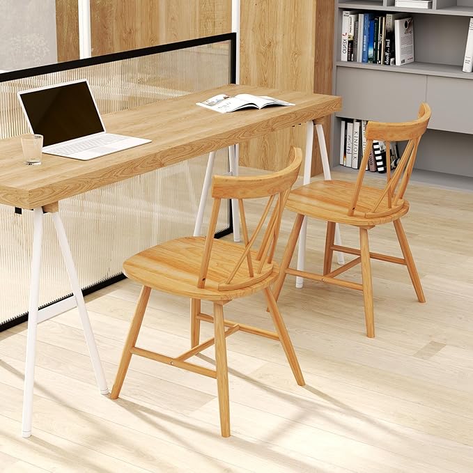 Giantex Windsor Dining Chairs Set of 2, Farmhouse Wooden Kitchen Chairs w/Cross Back, Wide Seat, Rubber Wood Frame, Armless Side Chairs for Kitchen, Dining Room, Living Room, Restaurant, Natural